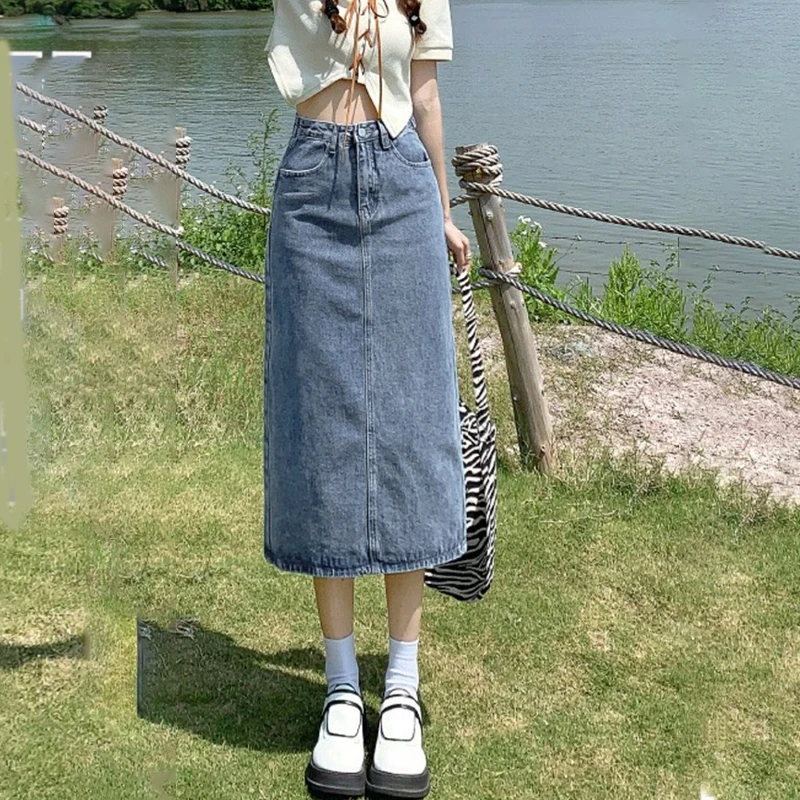 

Модные черные джинсовые юбки с высокой талией и разрезом, женские летние тонкие длинные юбки трапециевидной формы с запахом бедер, новые простые универсальные однотонные юбки Faldas