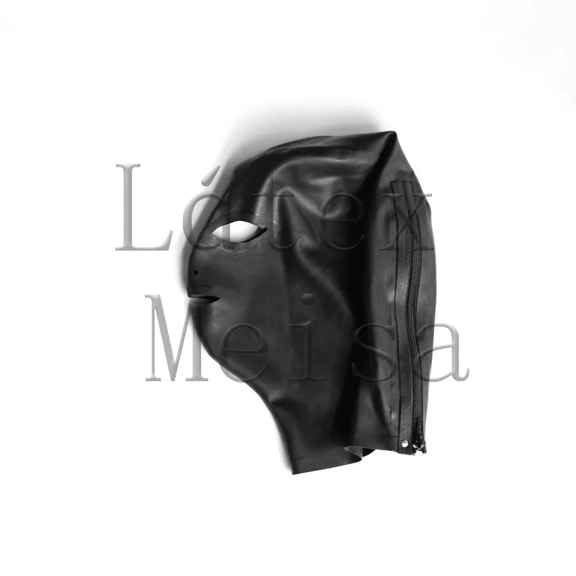 latex hoods open eyes nostrils and mouth in black and black trim color with back zip