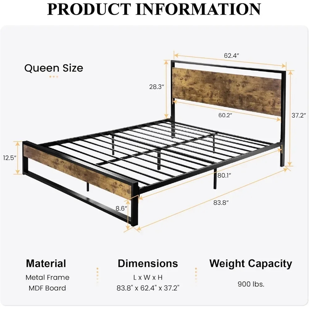 Bed Frame, Wooden Headboard, Heavy Duty Metal Platform No Box Spring Needed, Easy Assembly, Rustic Bed Frame