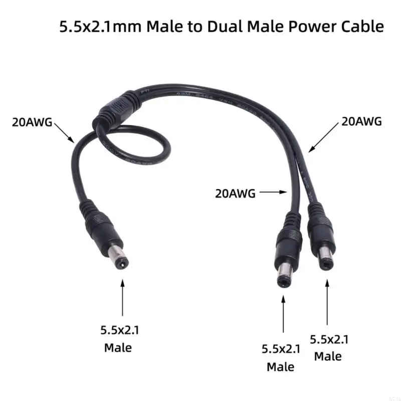 كابل مقسم Y 573A 2 مخرج، سلك طاقة ذكر 18AWG مقاس 5.5 مم × 2.1 مم لكاميرات الأمان، مصابيح LED