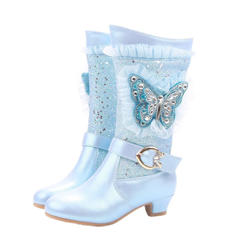 New Sequins Girls Leather Boots Winter High-heeled Princess Booties Rhinestones Bowknot Side Zipper Plush Warm Children's Boots