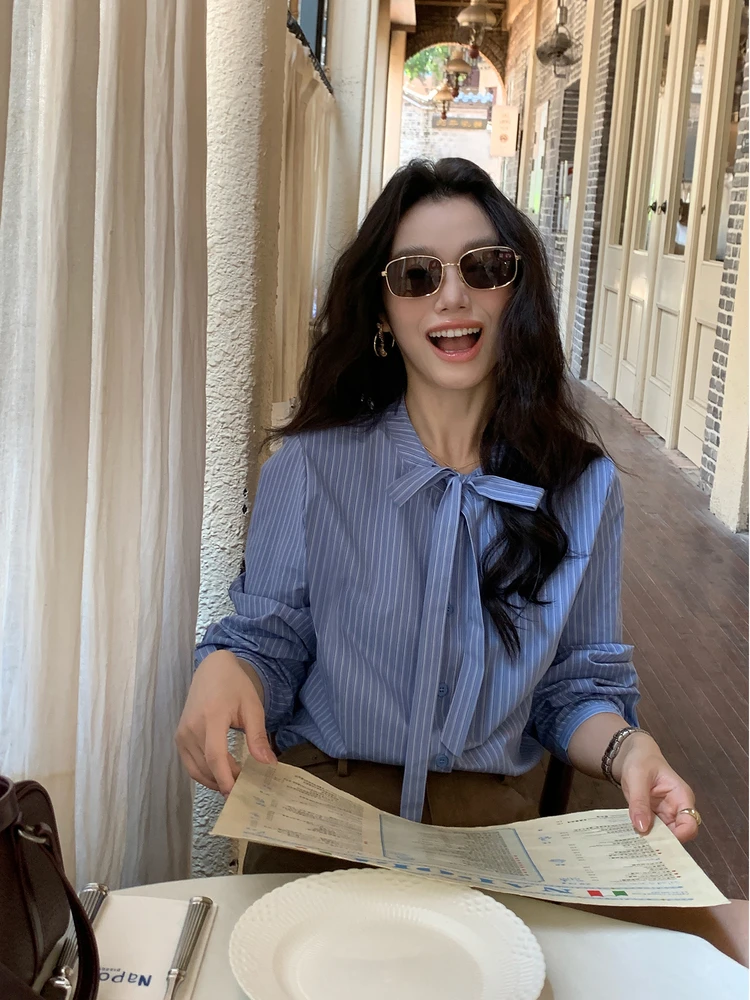 

Pusumede Corner Street Blue Knot Tie Stripe Women's Long Sve irt Ele Top Polyester Fiber Commute Sle