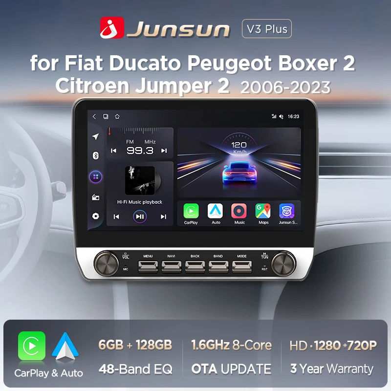 Autoradio Junsun 10,1 pouces pour Fiat Ducato, Boxer 2, Jumper 2 2006-2023, CarPlay sans fil, Android Auto, systèmes intelligents, écran tactile IPS avec boutons physiques, DSP, navigation GPS, WiFi, DAB+, RDS, FM/RAM, BT, SWC, Plug and Play, lecteur multimédia 2DIN