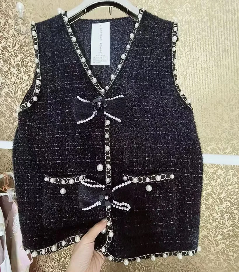 Luxury Style Fashion Beaded Stitch Vests For Women's Sleeveless Autumn Winter 2024 Trend Vest Coat Woman Clothes