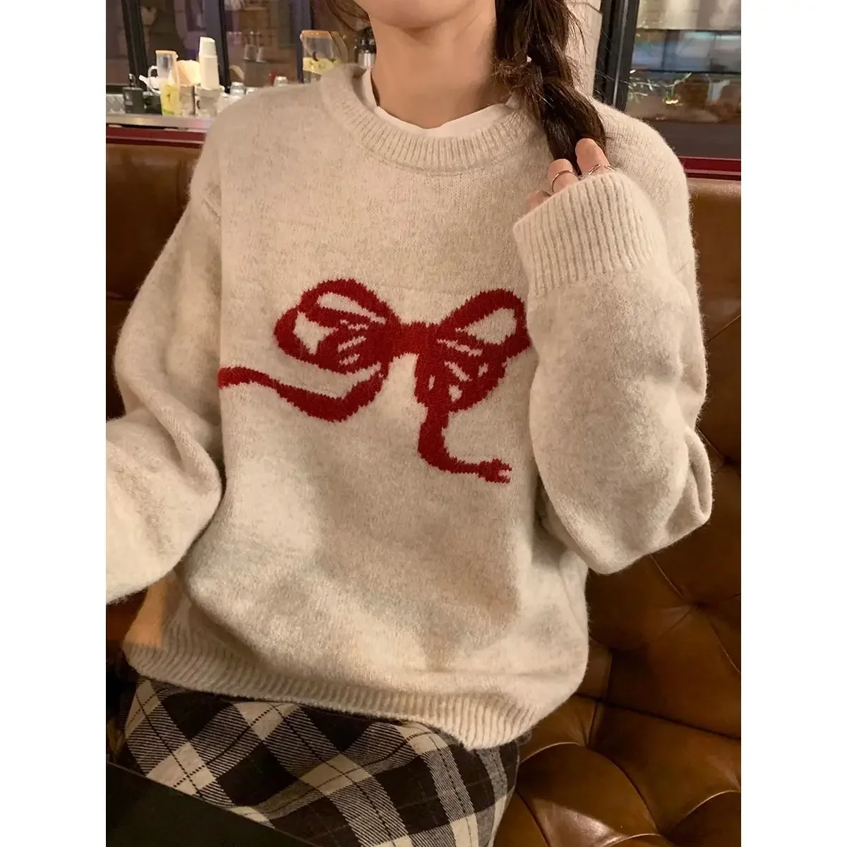 Sweater Tops Sweet Age Reduction Lazy Wind Bow Knot Winter New Retro Style Temperament Warm Interior Layering Y2k Bear Jumper