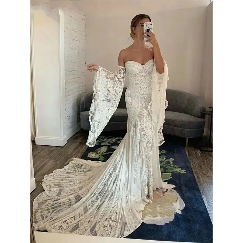 Customized Elegant Bohemian Lace Mermaid Wedding Dresses With Removable Flare Long Sleeves Sweetheart Bridal Gowns Court Train