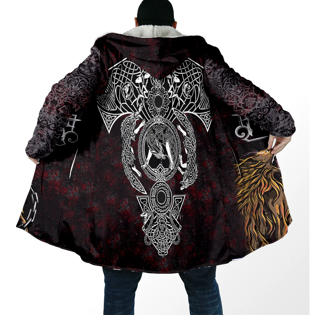 

2025 зимний модный мужской плащ Fenrir Wolf Tattoo Rune с 3D принтом, толстый флисовый плащ с капюшоном, унисекс, повседневная теплая накидка, пальто DP87