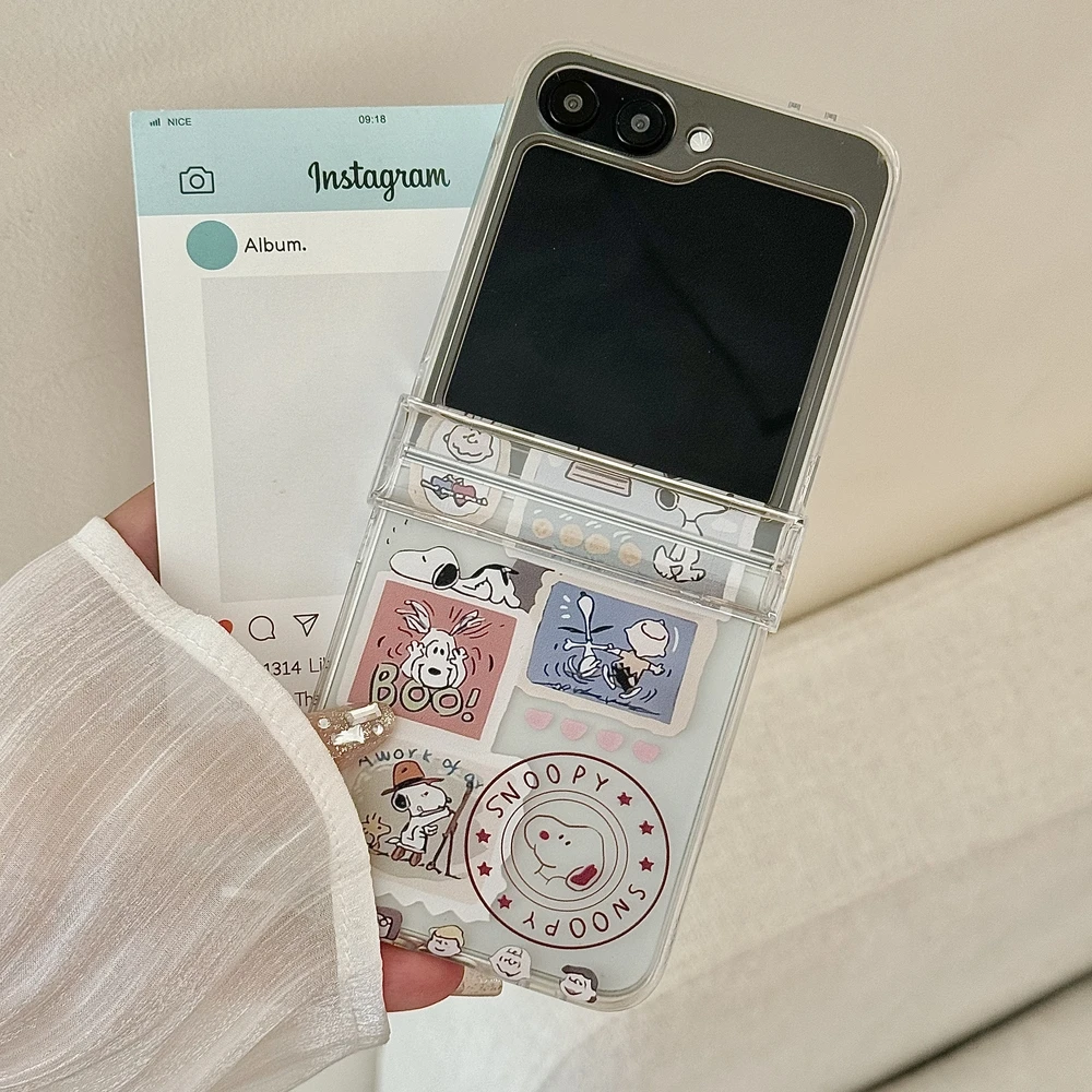 Cute Cartoon Snoopy Charlie Brown Stand Holder Phone Case For Samsung Galaxy Z Flip 7 6 5 4 3 Case Soft TPU Cover With Lanyard