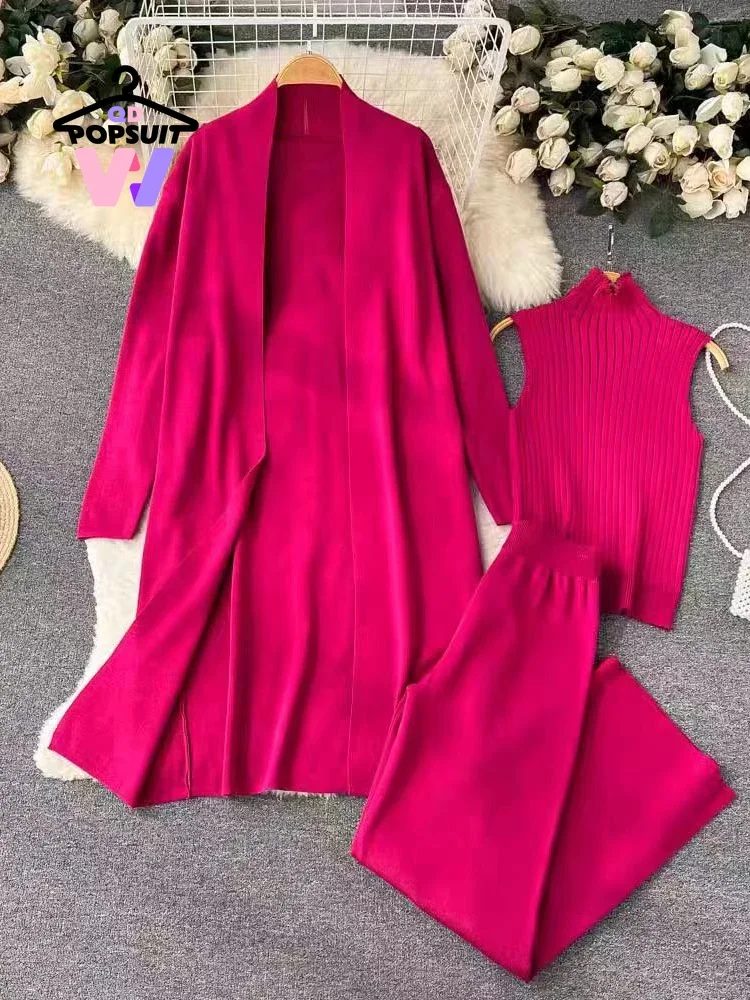 New Spring Autumn Knitted suit for women 3 pieces outfit set High Neck Vest Cardigan Coat Pants Temperament sets Women Clothing