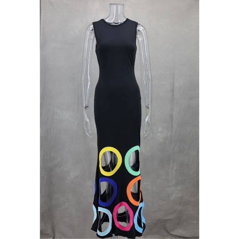 Vestido feminino oco colorido de verão, elegante com gola O, sem mangas, patchwork, cintura alta, linha A, vestidos de festa, feriado, roupas de praia