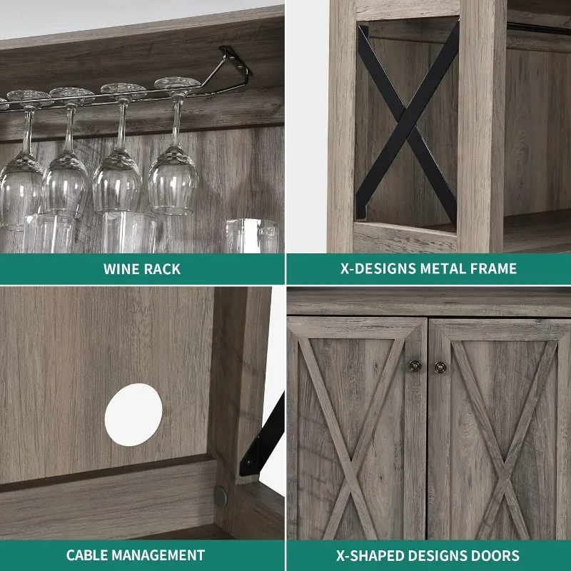 Armoire de cuisine de salle à manger avec vin T1, étagères de rangement ouvertes, portes en bois pour salon, couloir, lavage gris rustique