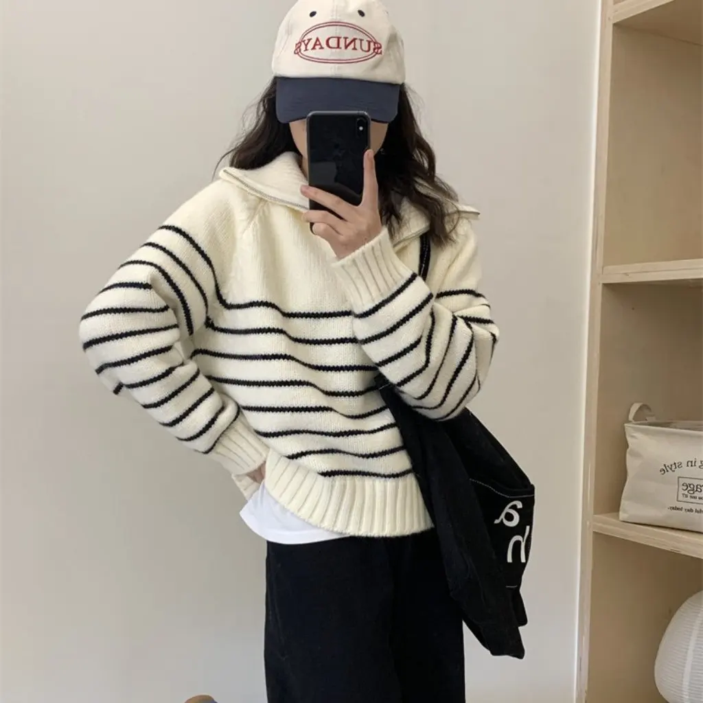 

Корейский полосатый пуловер с лацканами на молнии и длинными рукавами, трикотаж для женщин, свободный универсальный осенне-зимний новый стиль