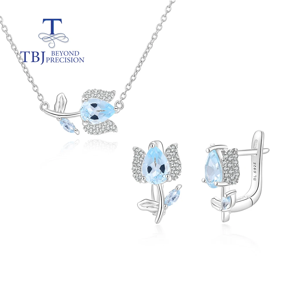 

Gorgeous flower shape design natural Blue Topaz earring necklace set fine jewelry for women and girls birthday & Daily wear gift