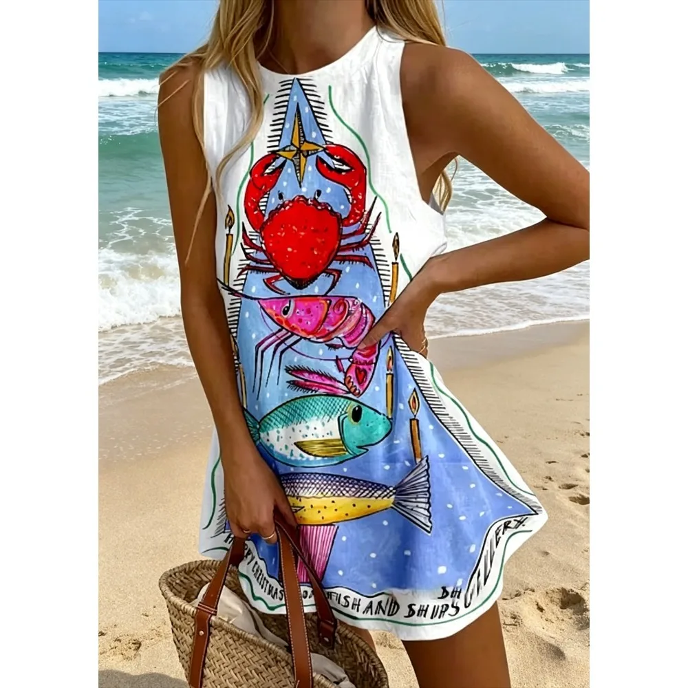 Colorful Fish Turtle Coral Print Mini Swing Dress Summer Contrast Trim Loose A-Line Sundress Cool Holiday Streetwear Plus Size