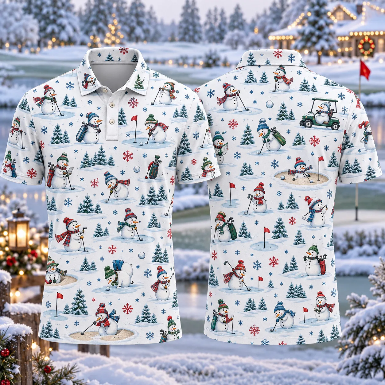 Men's Christmas Golf Polo Shirt Snowman Putting 3D All Over Print Short Sleeve Holiday Party Top