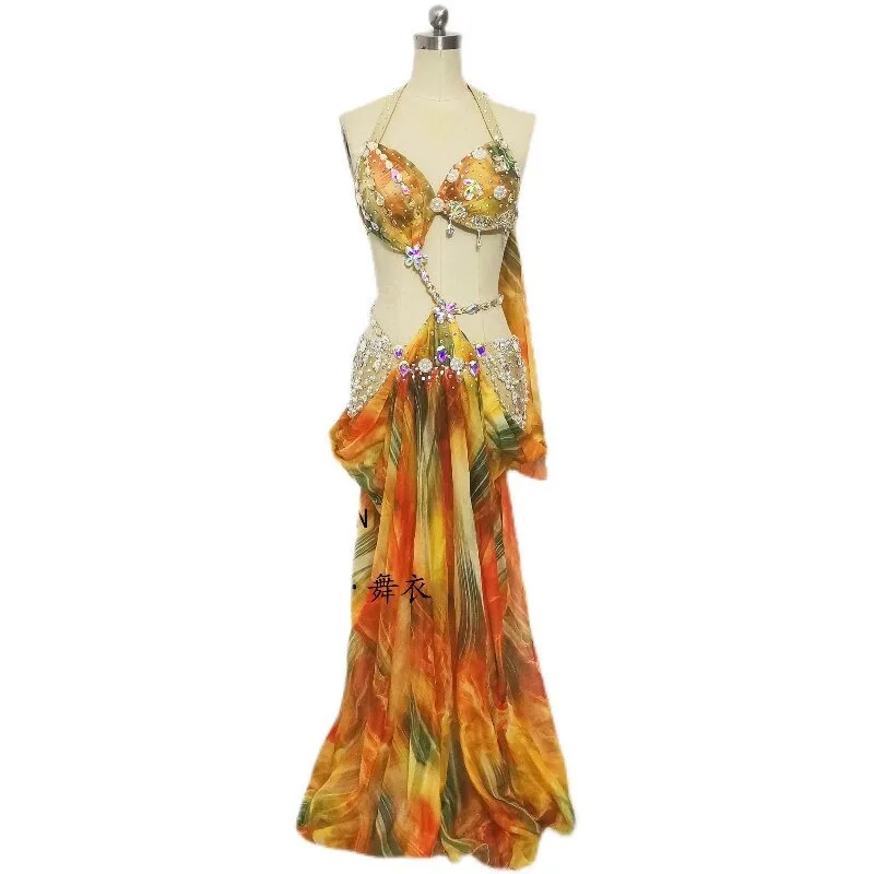 Customized Belly Dancewear Rhinestone Accessories Group Stage Suit Performance Costume Belly Dancing Bra Tassel Split Skirt Set