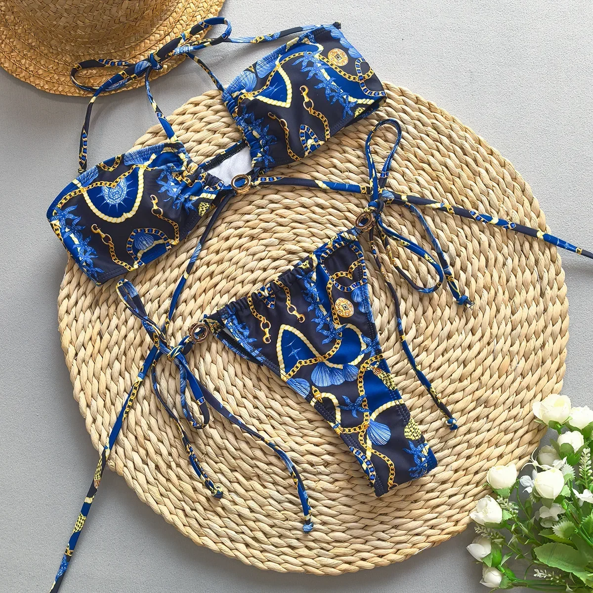 

Женский комплект бикини 2025, модный винтажный принт, мягкий бюстгальтер и стринги, купальник, сексуальный женский купальный костюм, бразильское бикини, пляжная одежда