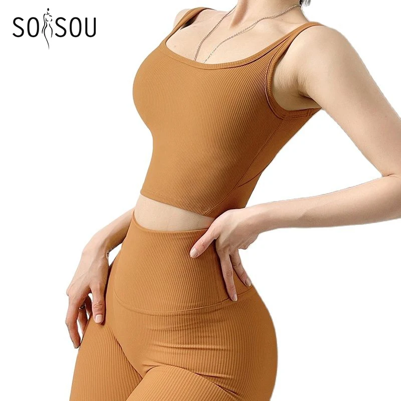 

SOISOU Rib Fabric Gym Shorts Set Women's Tracksuit Yoga Fitness Sets Tight Elastic Breathable Sports Wear Womens Clothing