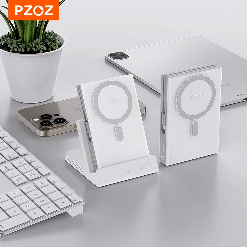 PZOZ 3 in 1 10000mAh Powerbank With Holder For iPhone 16 15 14 iWatch Wireless Charger Mag-Safe Power Bank Type C Fast Charging