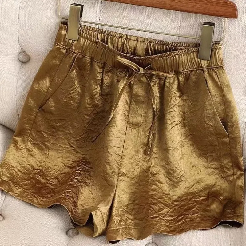 

Женские однотонные мягкие шорты с высокой талией, простые, широкие, атласные, на шнурке, повседневные, для дома, свободного кроя