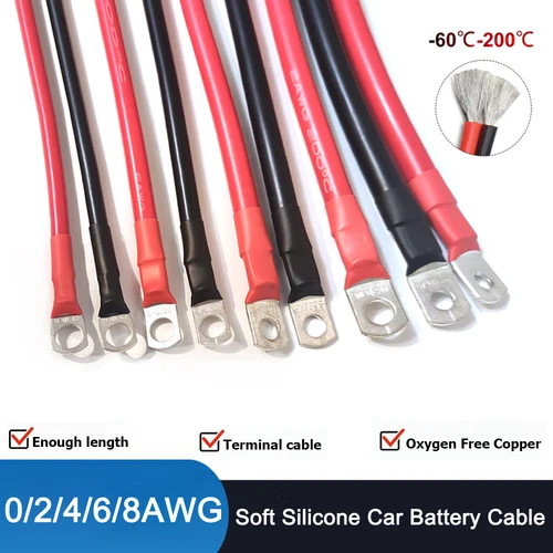 Cable de conexión de batería de silicona súper suave 8/6/4/2/0AWG con terminales de cobre estañado M6 M8 M10 para inversor, batería, coche, UPS.