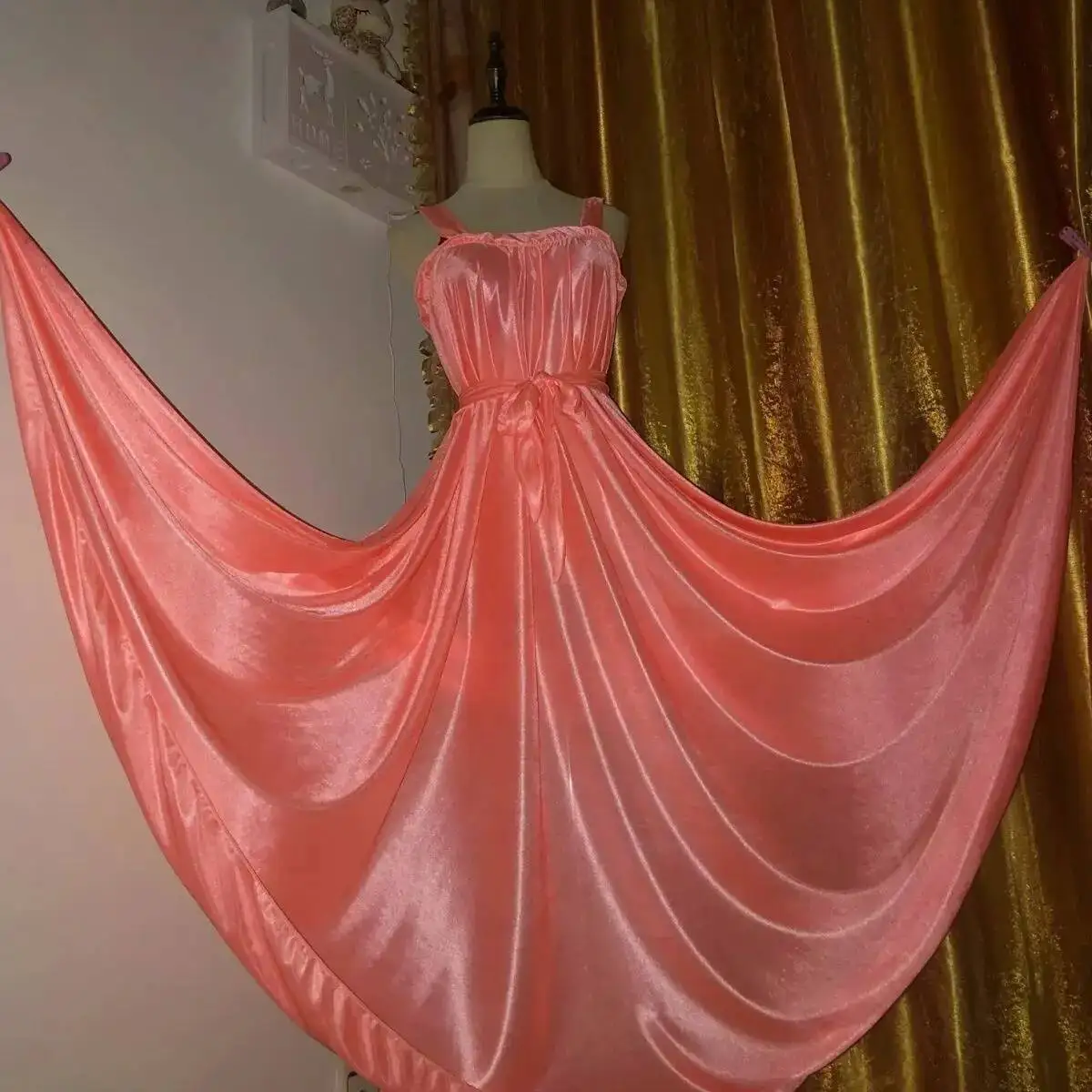 Glossy Ruffle Women Satin Loose Maxi Dress Sleeveless Plus Size Sexy Sleeping Robe