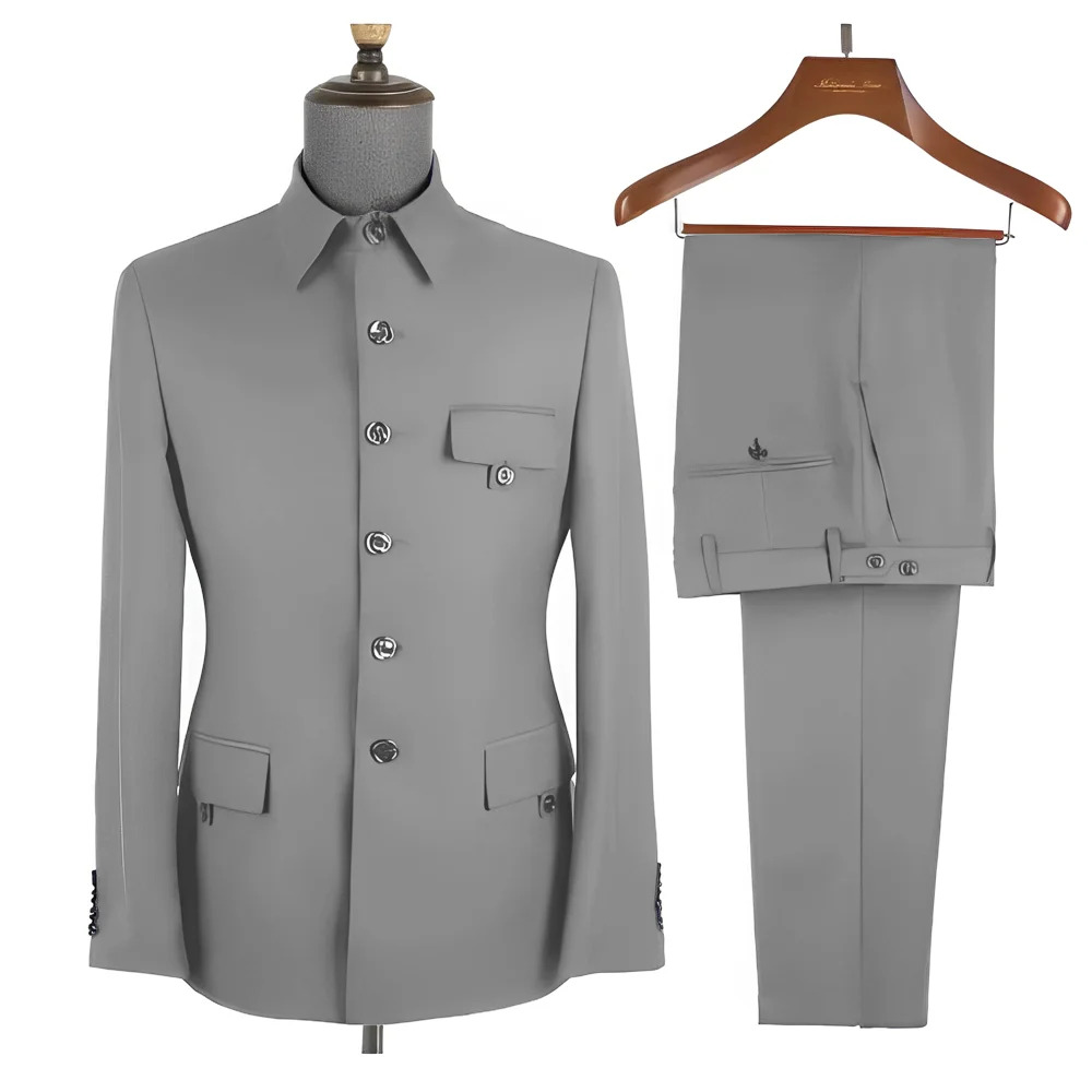 Royal Blue Formal Men's Suit 2 Piece Set Stand Collar Blazer Pants Slim Fit Wedding Groom Tuxedo Party Dress