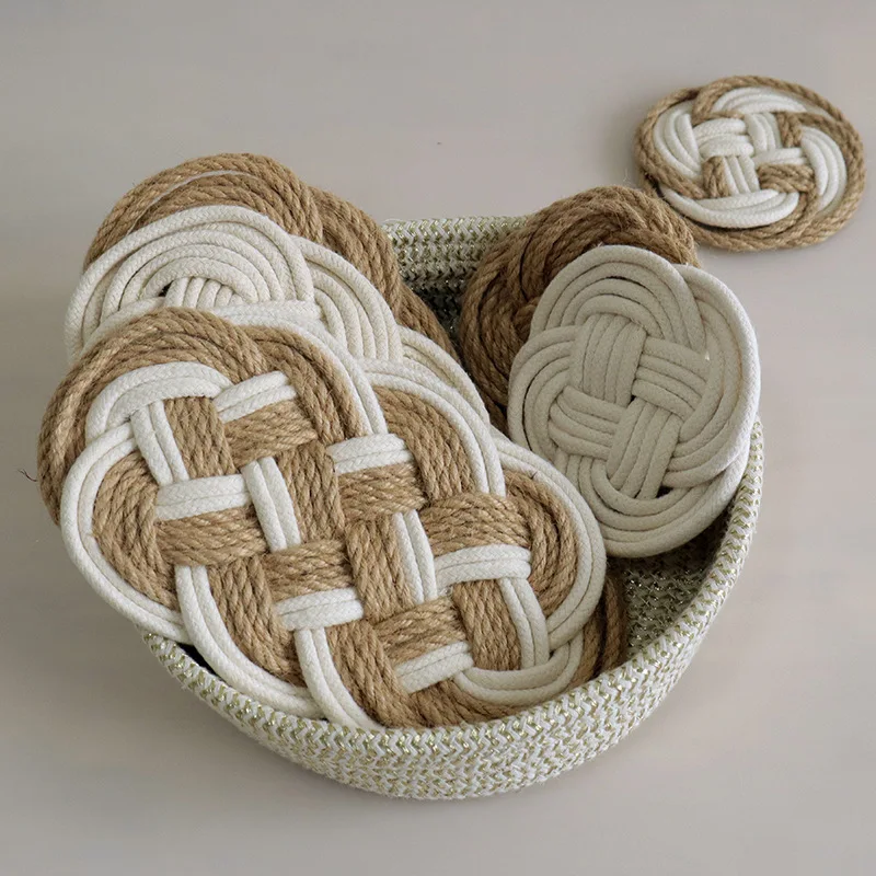 Almohadilla aislante redonda de estilo nórdico, cuerda de algodón, cuerda de lino, mantel individual tejido a mano, decoración de mesa de comedor para el hogar, posavasos para taza de té y café