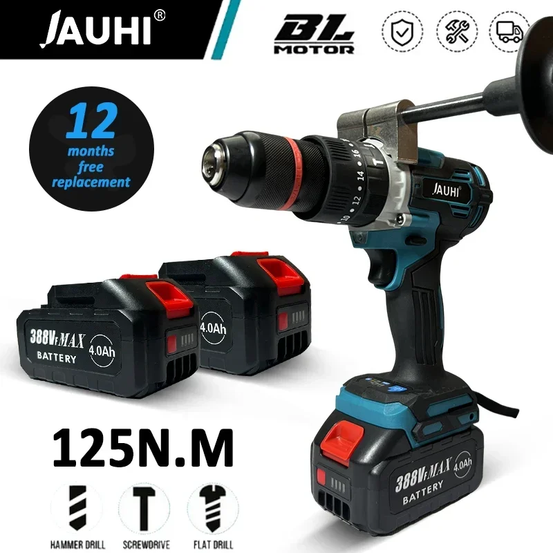 

JAUHI 13MM Brushless Electric Drill Hammer Electric Screwdriver 20+3 Torque 3In1 Impact Drill Power Tool For Makita 18V Battery