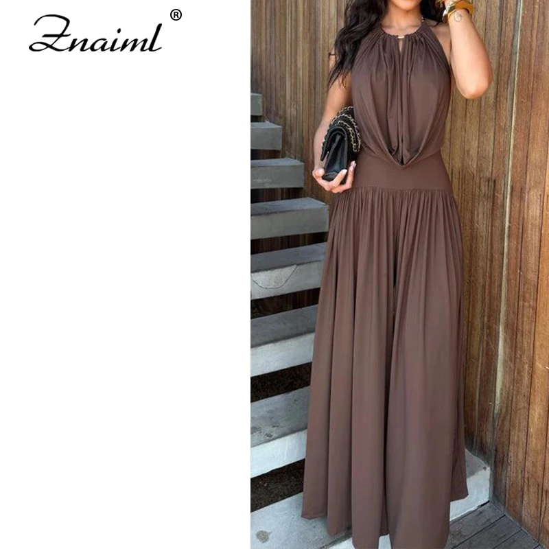 

Znaiml Casual Vacation Paarty Outfits for Woman Halter Backless Bodysuits Tops and Wide Leg Pants 2 Pieces Sets Female Trousers