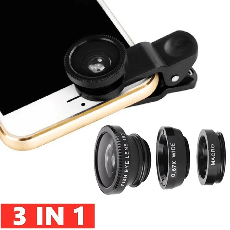 Universal 3 In 1 Fisheye Phone Lens 0.67X Wide Angle Zoom Lens Fish Eye Macro Lens Camera Kit With Phone Clip For iPhone Xiaomi