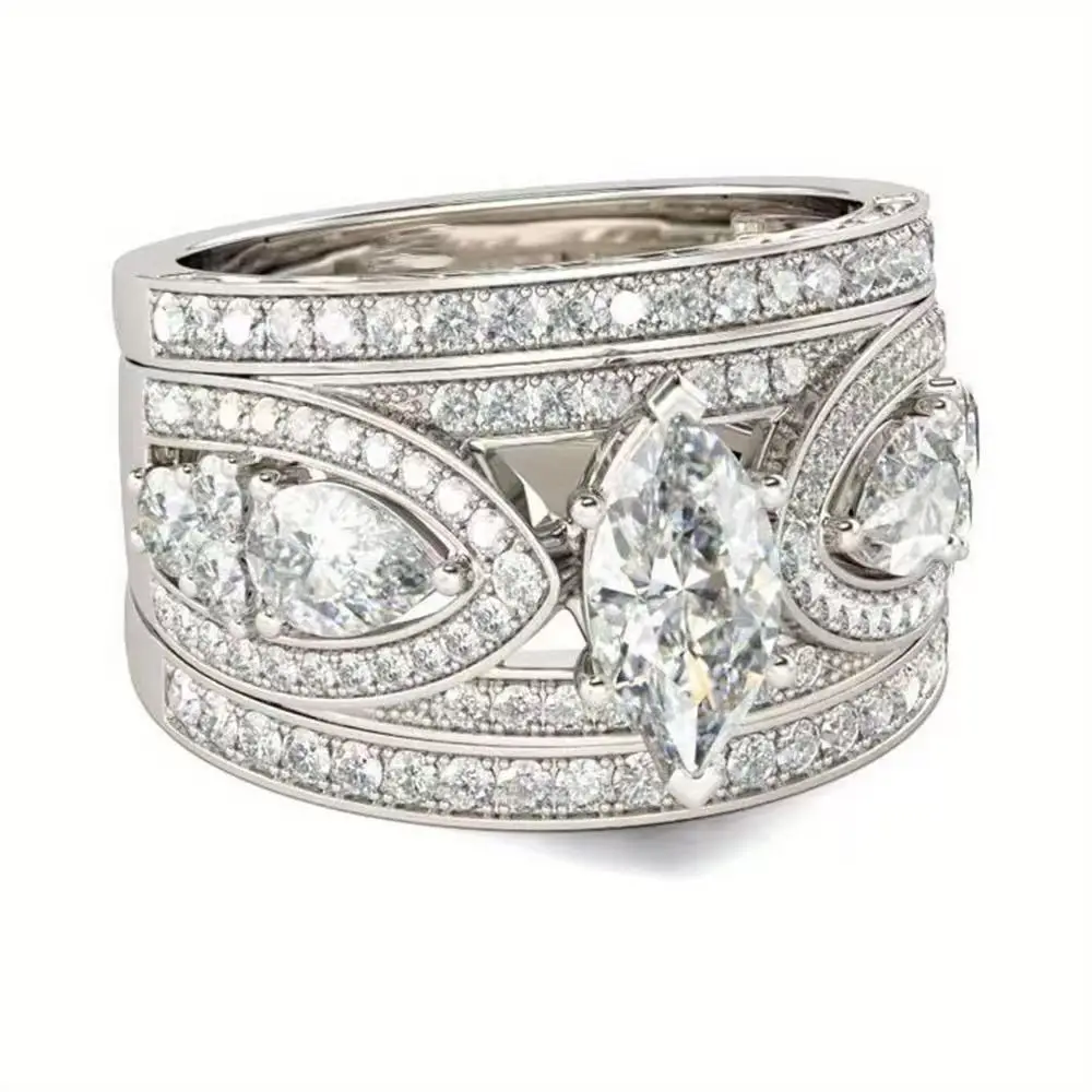 

Classic European and American hollow pattern women's horse eye zircon three piece set luxurious and fashionable wedding ring
