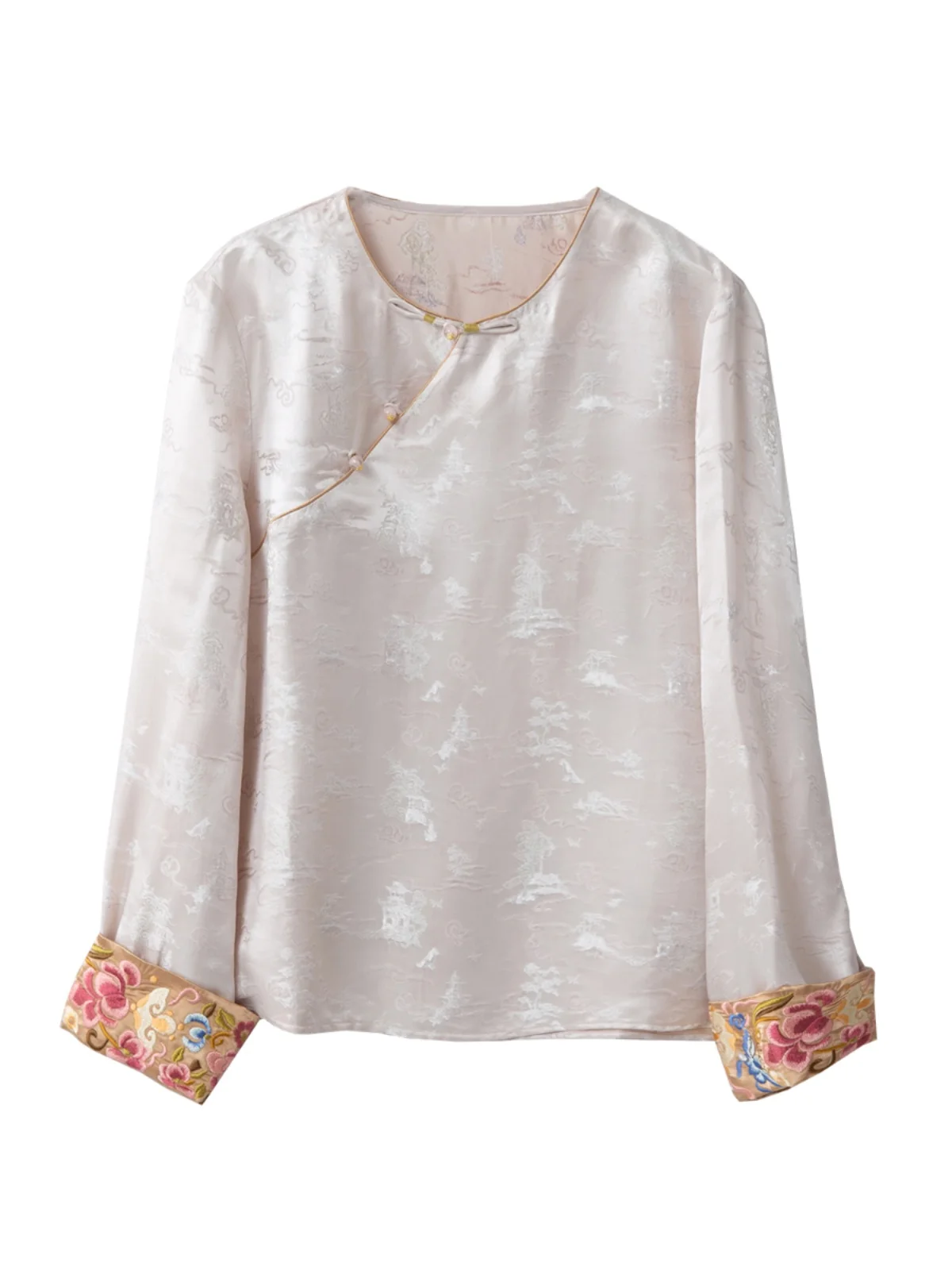 Spring Mulberry Silk New Chinese Style Classic Jacquard Satin Wide Sleeved Top Designer Luxury Women's Elegant Blouses