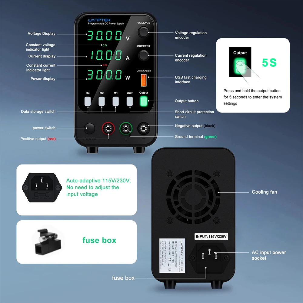 Wanptek Laboratory Power Supply 30V 5A 30V 10A 60V 5A 120V 3A Adjustable with USB Fast Charging Regulator DC Power Supply