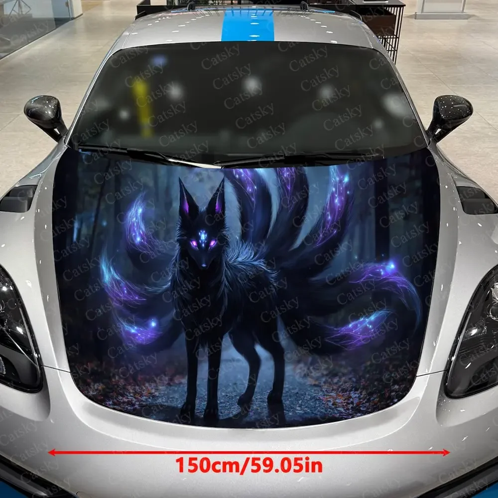 Amethyst Tail-Flame Spirit Fox Car Vinyl Wrap, PVC Waterproof Car Hood Sticker, Self-Adhesive Scratch-Resistant Stickers