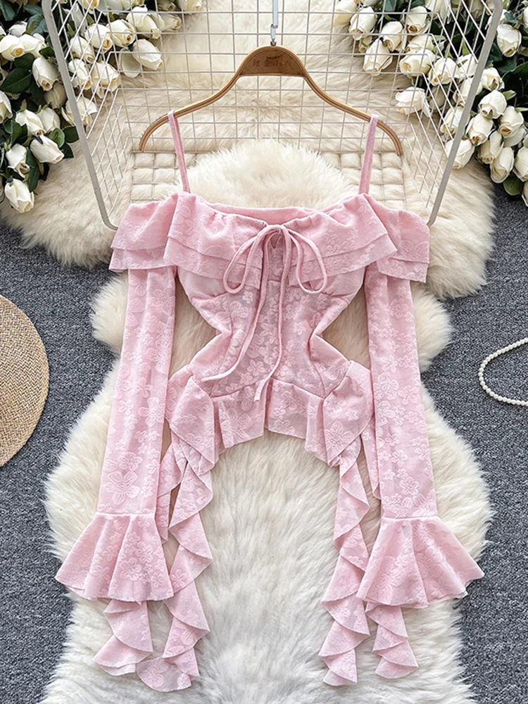 

Весенне-осенняя майка с длинными рукавами и рюшами, нерегулярная сексуальная блузка, женская новая универсальная шикарная кружевная блузка с лентой C391