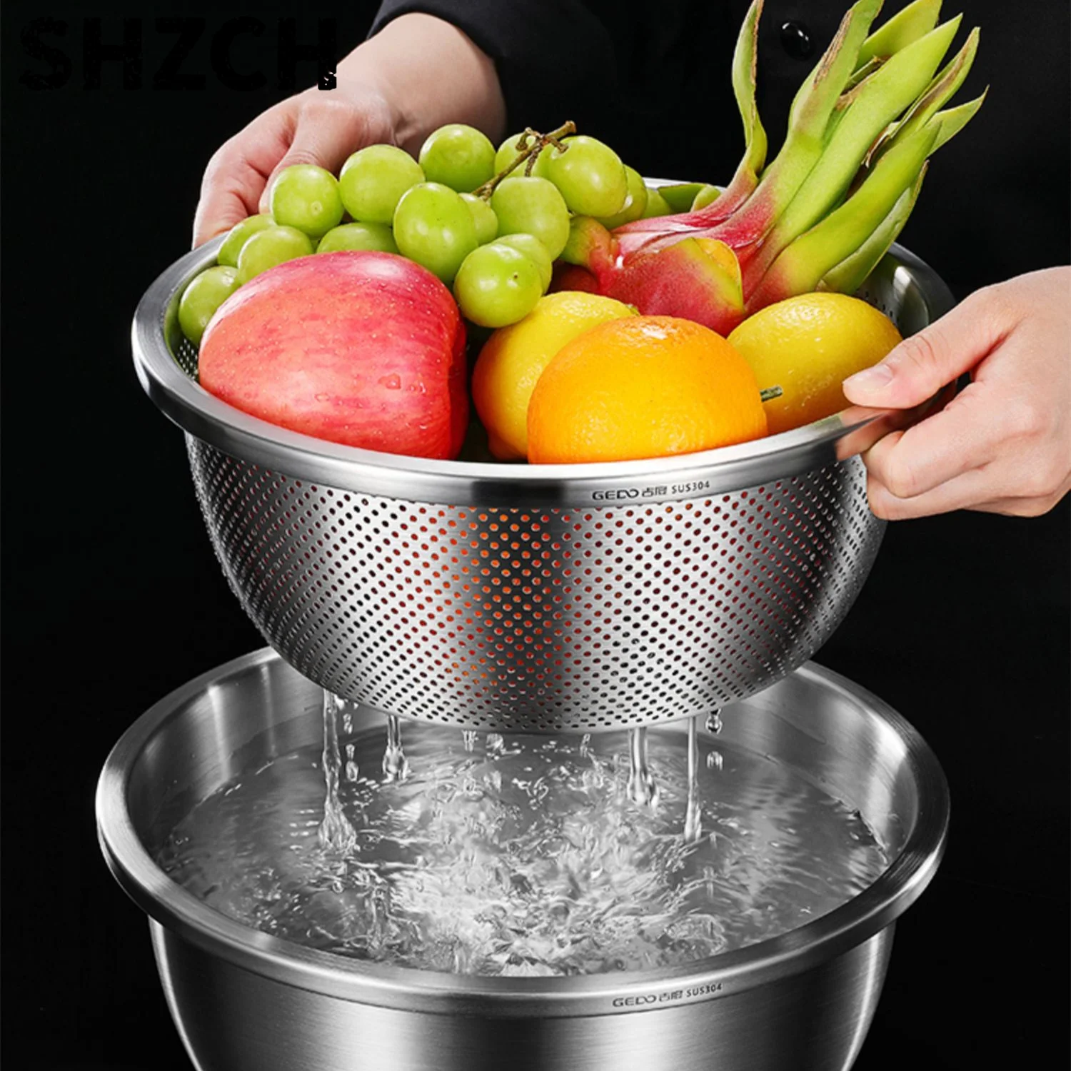 Lavadora de cocina de acero inoxidable 304 puro ultragrueso, certificación LFGB, moldeado integrado, lavabo de frutas y colador