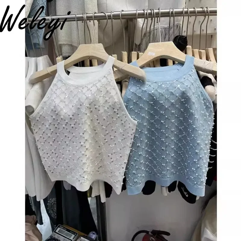 

Beaded Sequined Ice Silk Knit Short Vest Tanks 2024 Summer New Elegant Halter Neck Diamond Grid Sleeveless Knitted Top Mujer