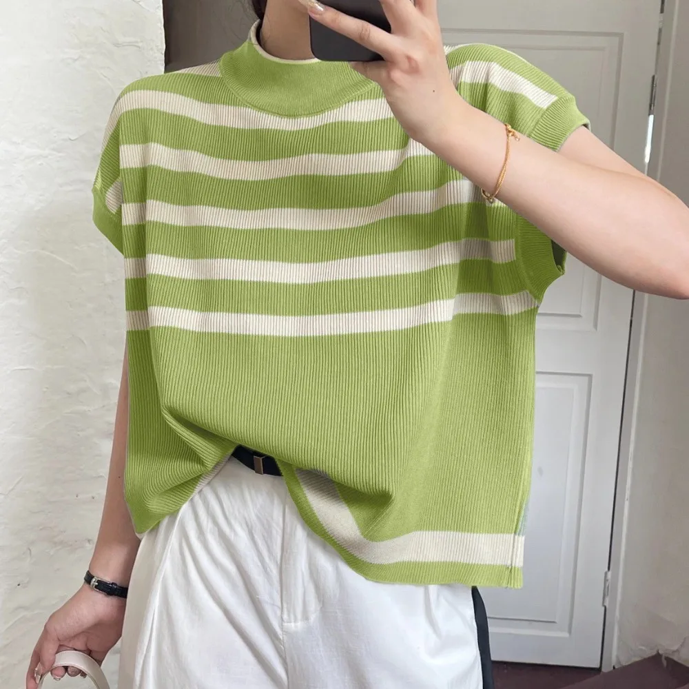 

Модный трикотаж с коротким рукавом, укороченный топ, свободная трикотажная футболка в полоску, женская одежда, нижняя рубашка, повседневный топ, женский летний