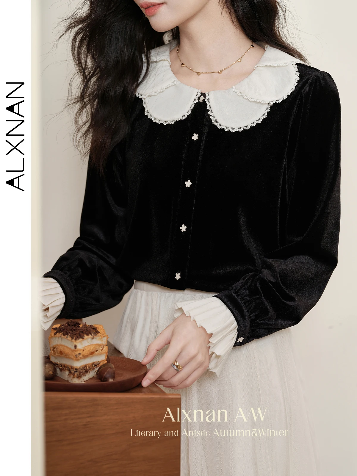 ALXNAN Women's Temperament Velvet Shirts Patchwork Doll Collar Pleated Cuff Floral Buttons 2024 Autumn Winter Female Tops L51706