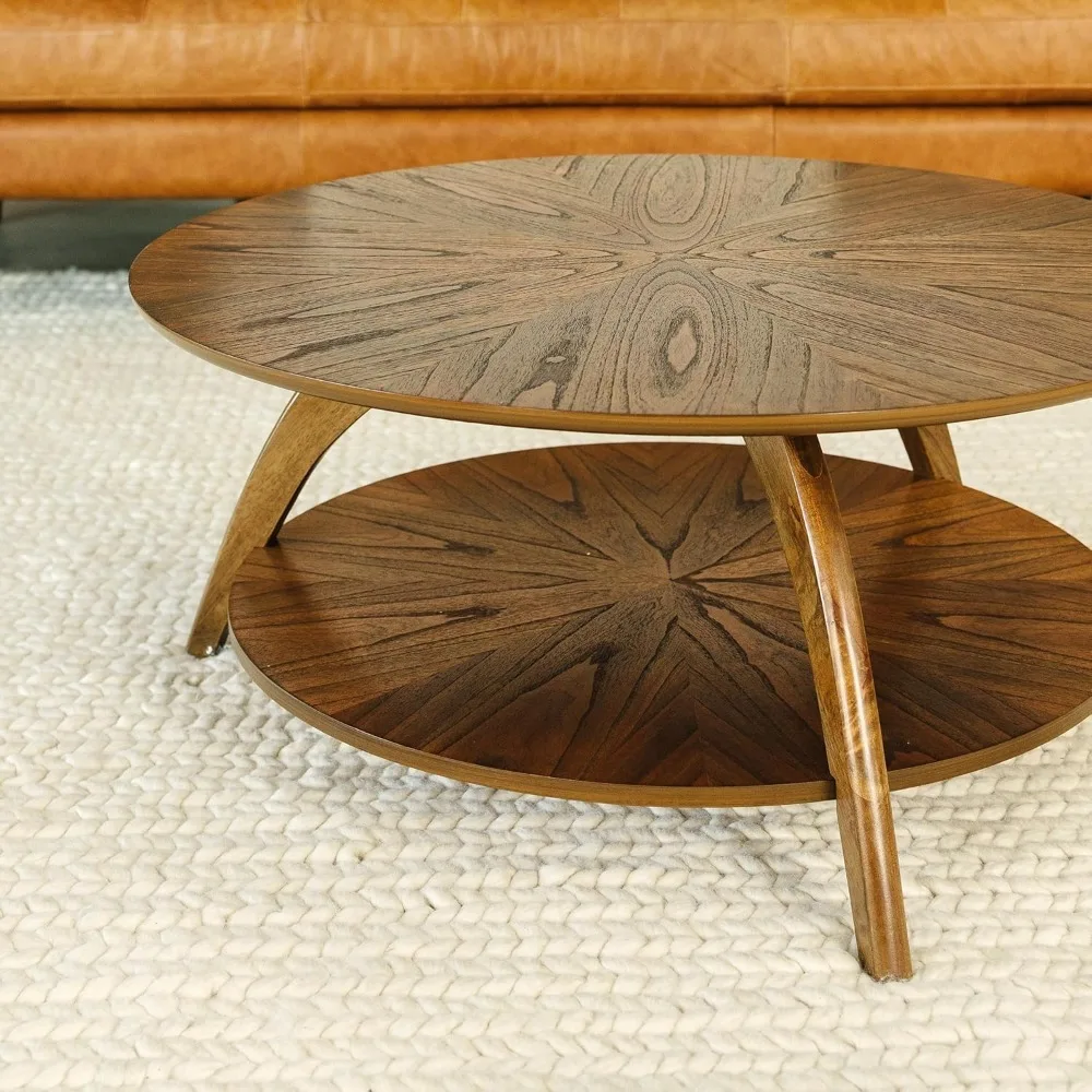 Round Wood Brown Living Room Coffee Table With Storage Shelf,Coffee Table
