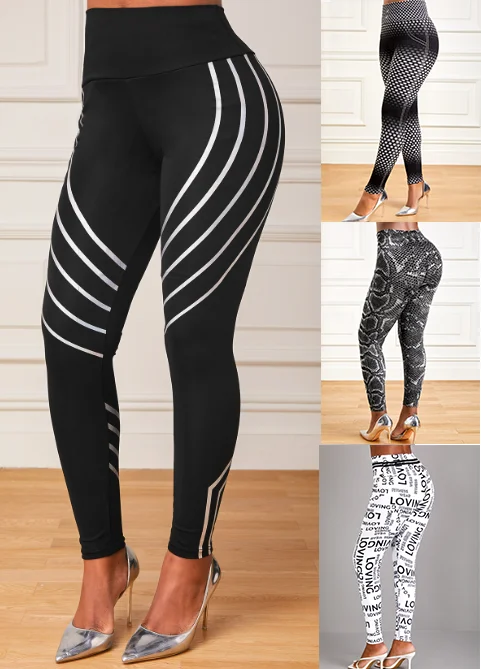 

Полосатые облегающие брюки с принтом, повседневные эластичные брюки с высокой талией, женская одежда