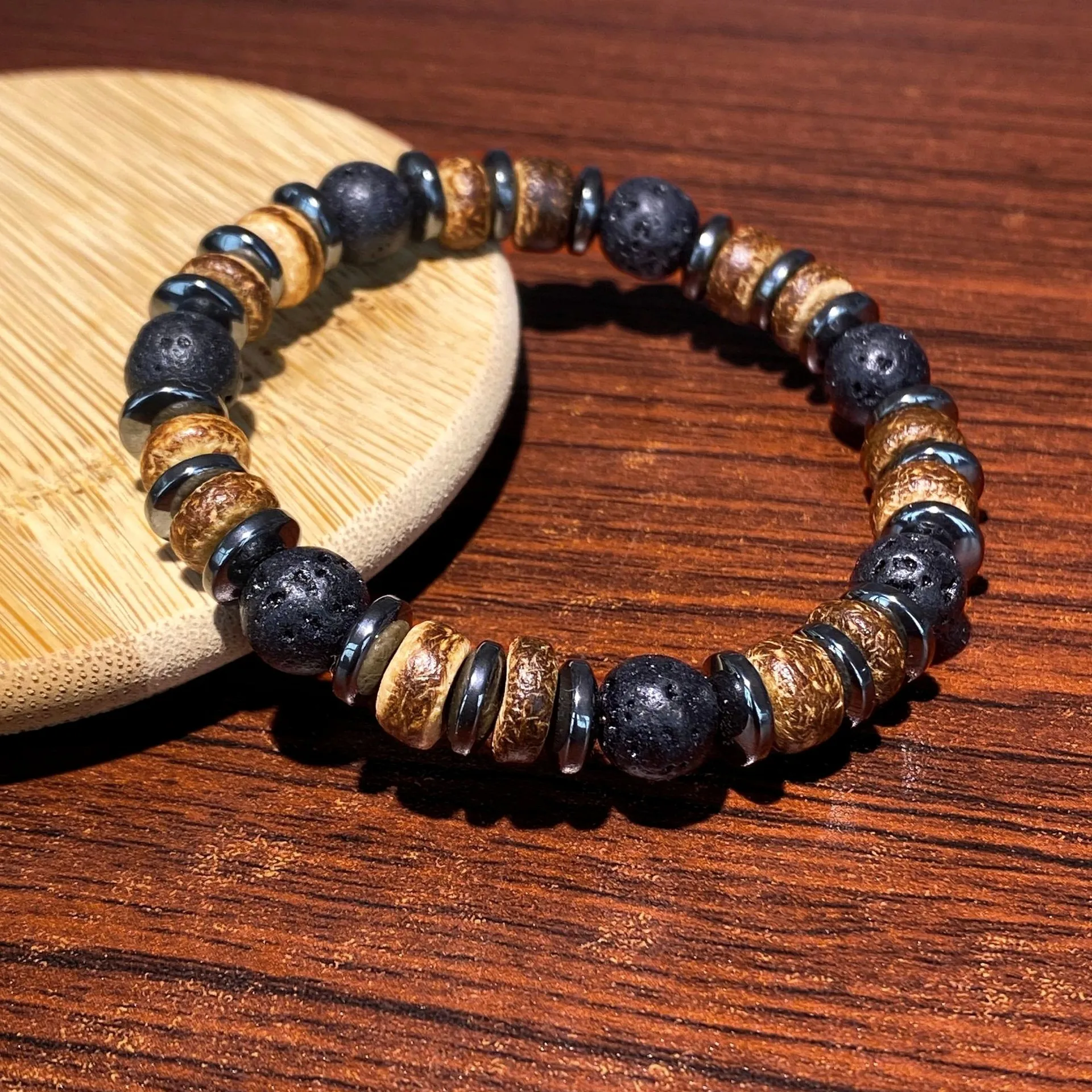 Vintage Wooden Volcanic Stone Round Bead Bracelet for Men, Negative Energy Protection, Calming Grounding Jewelry