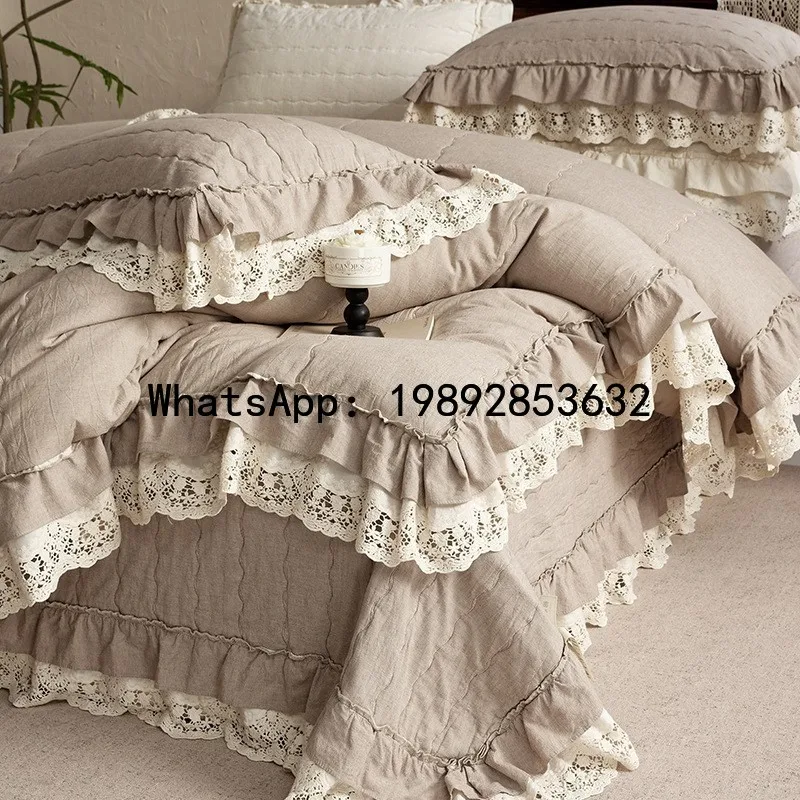 CD cotton and linen bed cover three-piece set, multi-functional cotton and linen summer quilt four-piece set, French lace