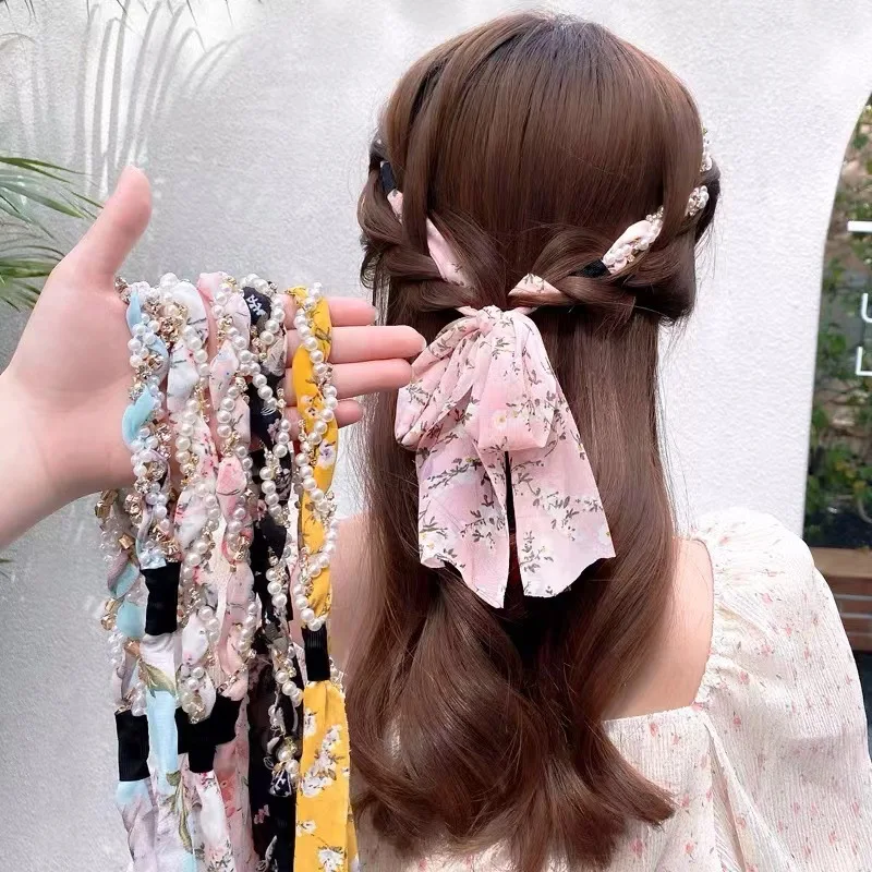 Mode Zomer Bloemen Haarlint Hoofdbanden voor Vrouwen Franse Steentjes Parel Weave Lange Kwast Haarbanden Hoofddeksels