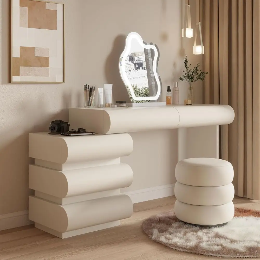 

Makeup Vanity Desk with Mirror and Lights, Luxury Dring Table with ree Retractable Side Cabinet, Microibre Leather Wrapped Vanit