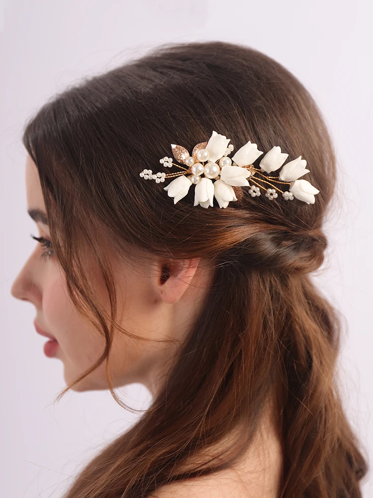 

Gold Pearl Bridal Hair Comb for Women Flower Bride Wedding Hair Accessories Handmade Silver Party Headpiece Women Side Hair Comb