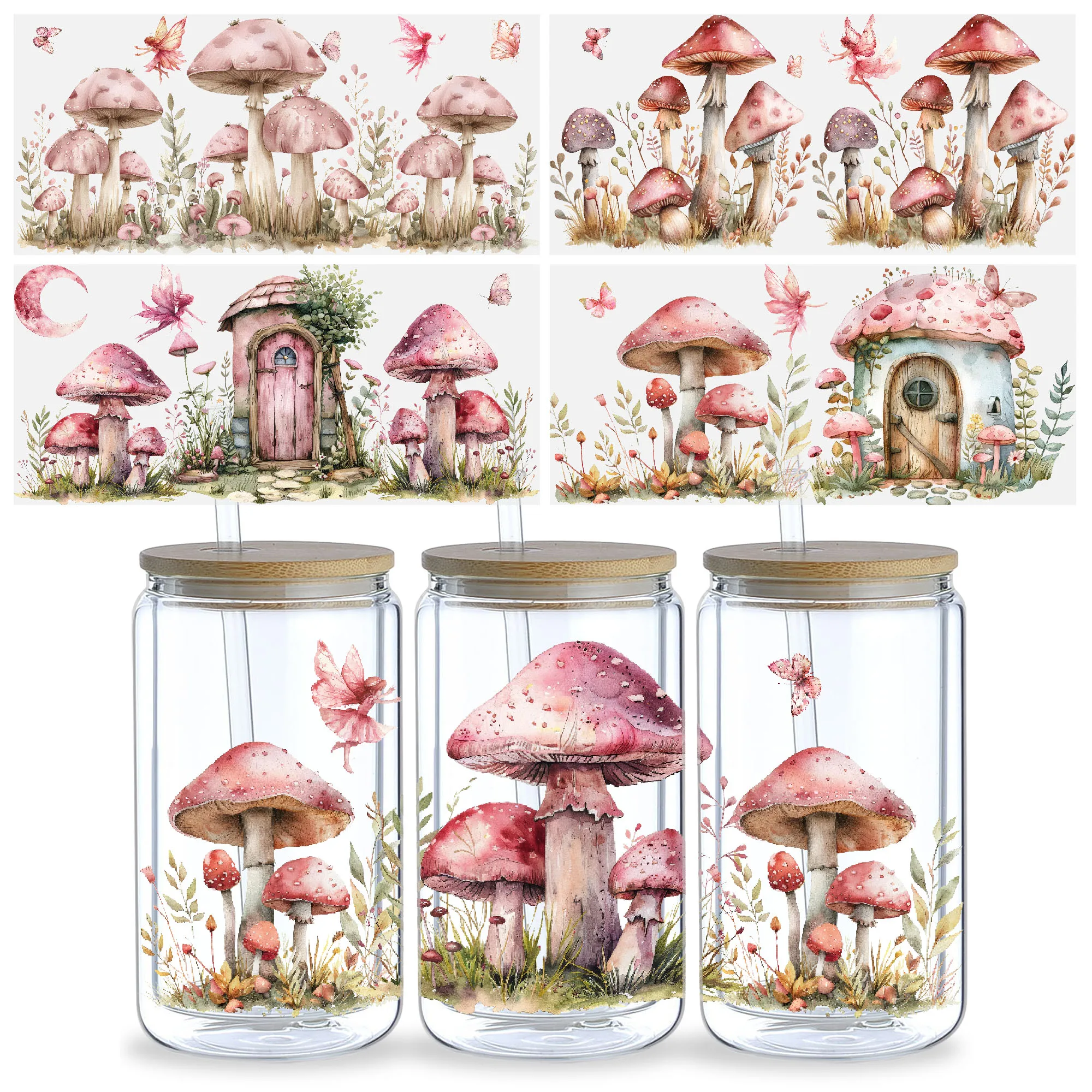 5 Sheets Mushroom Forest UV DTF Cup Stickers, DTF Transfer Stickers, Waterproof Wipeable Transfer Paper for 16 Ounces Glass Cups