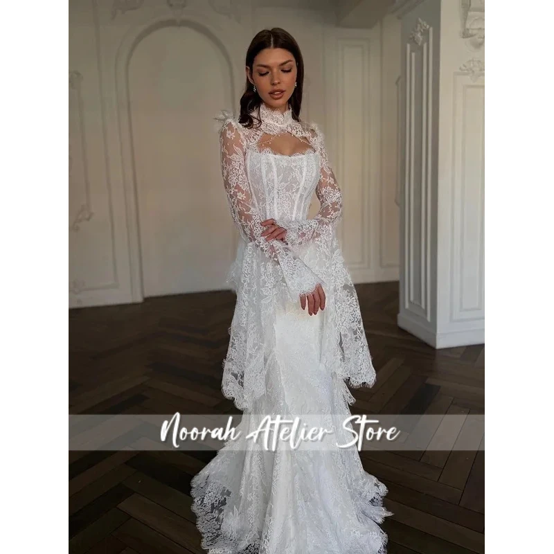 Custom Elegant White Lace Mermaid Wedding Dress High Neck Ruched Long Bell Sleeve Corset Backless Bridal Gown with Train