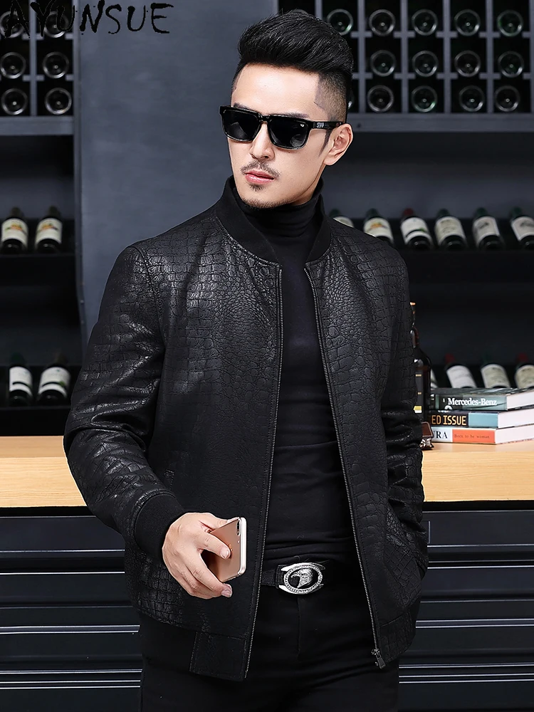 AYUNSUE 2025 Real Sheepskin Genuine Leather Jackets Man Baseball Clothing Short Light Luxury Leather Coat Slim-fit Outerwears